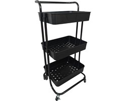 Keukentrolley op Wieltjes - 3 lagen - Serveerwagen - Keukenrek Zwart - Opbergtrolley - Trolley voor keuken, badkamer of kantoor - Opbergkar - Keukentrolleys met Manden - Verrijdbaar en Vast - 3 Manden - 43x36x86cm