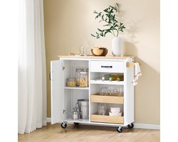 Keukentrolley – Serveerwagen – Opbergrek – Bijzettafel – Keukenwagen – Rubberen Houten Werkblad – Vier Wielen Met Rem – Compact 92x42x87 cm