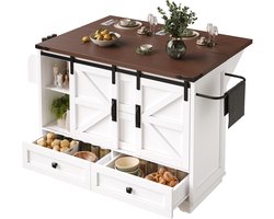 Keukentrolley - Verrijdbaar - Inklapbare Tafel - 3 Lades en 2 Deuren - Hout - Wit