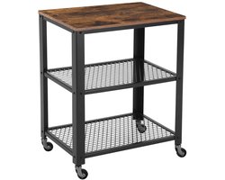 keukentrolley,Serveerwagen, verrijdbare multifunctionele trolley, bruin + zwart, 60 x 40 x 76,5 cm, met 2 metalen opbergrekken en 1 houten werkblad, geschikt voor keuken, woonkamer, eetkamer en balkon