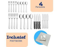 Keukenvriend 4 Persoons Bestekset Essential (24-delig) - Polish doek, Messen, Lepels, Vorken, Steakmessen & Gebaksvorkjes - Bestek Set - RVS - Vaatwasserbestendig - Garantie