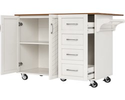 Keukenwagen met Diagonaal Gestreepte Deuren, Uittrekbare Eettafel met Handdoekhouder en Specerijrek, Verstelbare Scheidingswanden, Keukenbuffet, Wit