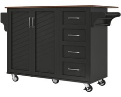 Keukenwagen met Diagonaal Gestreepte Deuren, Uittrekbare Eettafel met Handdoekhouder en Specerijrek, Verstelbare Scheidingswanden, Keukenbuffet, Zwart