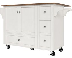 Keukenwagen, Uittrekbare Eettafel met Werkblad, Handdoekhouder en Specerijrek, Verstelbare Scheidingswanden, Keukenbuffet, Houten Tafelblad, Wit