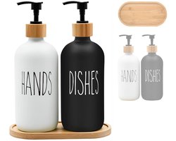 Keukenzeepdispenserset met labels - handdesinfecterend & afwasmiddel - 2 stuks - glas & bamboe