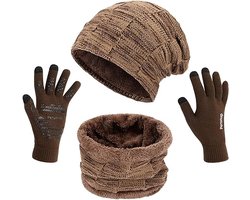 Khaki 3 Stks (Muts + Sjaal + Handschoenen) Winter Warm Gebreide Slouch Beanie Muts Skiën Nekwarmer Sjaal Handschoenen Reeks met Dubbellaags Fleece Voering voor Mannen Dames.