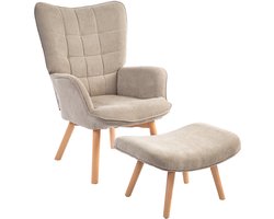 Khaki Oorfauteuil met Hocker 80 x 72 x 101 cm, Relaxstoel, Loungefauteuil, TV Stoel met Armleuningen, Cordlook Bekleding en Houten Poten, Comfortabele Leesstoel voor Woonkamer en Slaapkamer, Belastbaar tot 150 kg