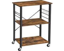 Kia Keukenstandaard Keukenrek op Wielen Serveerwagen met 3 Planken Magnetron Plank voor Mini Oven Broodrooster Waterkoker Metaal met 6 Haken Keuken Opberger Industrieel Design Vintage Donkerbruin