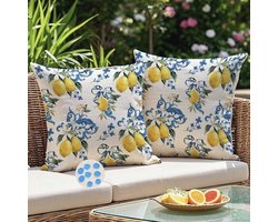 Kiatuniya Outdoor Waterproof Cushion Cover 40 x 40 cm Lemon Yellow Blue Checked Decorative Modern Washable Cushion Cover for Sofa, Garden, Chair, Patio, Balcony, Living Room, Pack of 2