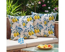 Kiatuniya Outdoor Waterproof Cushion Cover 40 x 40 cm Lemon Yellow Blue Checked Decorative Modern Washable Cushion Cover for Sofa, Garden, Chair, Patio, Balcony, Living Room, Pack of 2