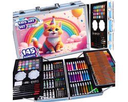 Kiddo-08 Art Set – 145-delige Tekenen & Schilderen Koffer – Inclusief Verf, Stiften & Potloden – Luxe Verstevigde Koffer