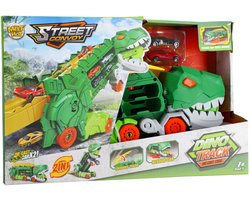 KiddyGo transporter dino speelgoed met 2 diecast auto's en racebaan.