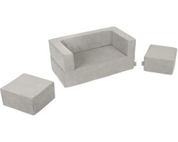 KiddyMoon Kinder Sofa Met Twee Zachte Poefjes Voor Kinderen Comfortabele En Lichtgewicht Schuim Sofa Geribbelde Stof Afneembare Hoes Perfect Voor Ontspanning En Creativiteit, Licht Grijs