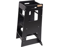 KiddyMoon Leertoren voor kinderen Houten - Montessori meubilair - In hoogte verstelbaar - Opstapkrukje - Toddlers stool - Leerstoel baby - Kinderstoel - Montessori kitchen helper Hout - Keukenhulp - Keukentoren - Kindertrap - Zwart