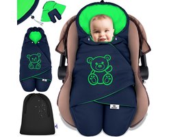 KIDIZ® Baby Slaapzak voor Buggy Voetenzak voor Autostoeltje & Wandelwagen Babyschaal, voor Winter met Kap + Babyslaapzak Deken voor Maxi-Cosi & Kinderwagen alle Gordelsystemen 3 & 5-Puntsgordel - Marineblauw / Groen