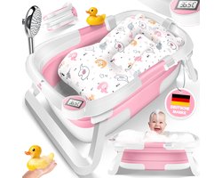 KIDIZ® Babybadje Opvouwbaar met Thermometer | Peuterbadje Ergonomisch, Rutschvrij, Met Zacht Badkussen en Afvoer | Babybad / Baby Bad Set Voor Baby's van 0-12 Maanden | Babybadset - Roze