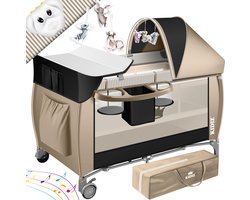 KIDIZ® Campingbedje Reisbedje Reiswieg Babybedje 3 in 1 Combi Set Ledikant met Verschoningsmatje Klamboe Kinderbox Baby vanaf de geboorte tot 15 kg Luchtige zijwanden met zijingang Opvouwbare Draagtas - Zwart / Beige