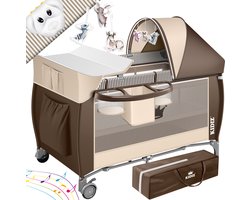 KIDIZ® Campingbedje Reisbedje Reiswieg Babybedje 3 in 1 Combi Set Ledikant met Verschoningsmatje Klamboe Kinderbox Baby vanaf de geboorte tot 15 kg Luchtige zijwanden met zijingang Opvouwbare Draagtas - Bruin