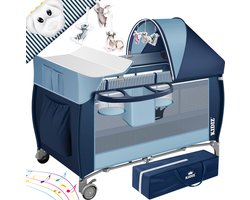 KIDIZ® Campingbedje Reisbedje Reiswieg Babybedje 3 in 1 Combi Set Ledikant met Verschoningsmatje Klamboe Kinderbox Baby vanaf de geboorte tot 15 kg Luchtige zijwanden met zijingang Opvouwbare Draagtas - Blauw