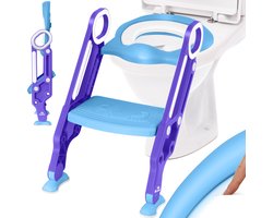 KIDIZ® Toiletbril voor kinderen Kindertoiletbril Toilettrainer met Trap en Handgrepen Opvouwbare Kindertoiletbril Potjestrainer Leren Potje Comfortabel Kussen en Brede Treden Toilettrappen In Hoogte Verstelbaar - Blauw