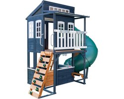 KidKraft Cozy Escape Houten Speeltoren met Tunnelglijbaan, Klimwand en Speelkeuken - Klimtoren voor Buiten - 2-Verdiepings Speeltoestel Tuin - Marineblauw