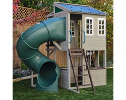 KidKraft Cozy Escape Speeltoren met glijbaan – Twee verdiepingen klimtoren voor buiten met tunnelglijbaan, klimwand & speelkeuken