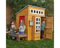 KidKraft Modern Kinderspeelhuisje Buiten Hout, Tuinspeelhuisje Kinderen Hout voor 3 tot 10 Jaar, met Speelkeuken, Picknicktafel, Speelgrill, Brievenbus, Krijtbord en Waterbestendig Dak, Buitenspeelgoed