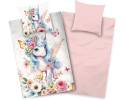 Kids Beddengoed 135 x 200 cm, van 100% katoen, beddengoedset voor meisjes met schattige eenhoorn en pegasus-motief, omkeerbaar kinderbeddengoed, wit/roze, met YKK-ritssluiting