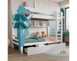 Kids Bunk Bed met Boomvormige Boekenkast – Kinderbed 90x200 cm – 2 Lades met Wielen, Open Planken, Veiligheidshekken – Grenen + MDF – Wit & Blauw