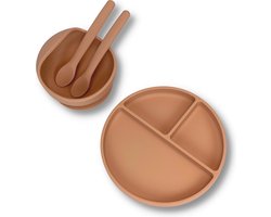 Kids Cultures - Baby Servies Set - Kinderbord en Kom met Zuignap en 2 Lepels - Kinderservies, Babybord, Kinderbestek - 100% Siliconen - Oven-, Vriezer-, Magnetron- en Vaatwasserbestendig - Oud Roze