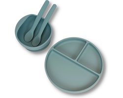 Kids Cultures - Baby Servies Set - Kinderbord en Kom met Zuignap en 2 Lepels - Kinderservies, Babybord, Kinderbestek - 100% Siliconen - Oven-, Vriezer-, Magnetron- en Vaatwasserbestendig - Blauw