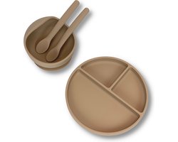 Kids Cultures - Baby Servies Set - Kinderbord en Kom met Zuignap en 2 Lepels - Kinderservies, Babybord, Kinderbestek - 100% Siliconen - Oven-, Vriezer-, Magnetron- en Vaatwasserbestendig - Taupe