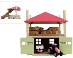 Kids Globe SET hooiberg-hout-met-berging-1:32-32x35x45-roze + Volvo V70 met caravan