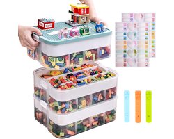 Kids Opbergdoos - Stapelbare Dozen met Deksel voor Bouwstenen - Opbergbox Plastic met Verstelbare Vakken - 3 Laagse Sorteeropbergkist - Draagbare Kist - Transparant
