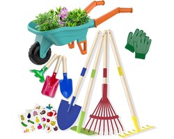 Kids Tuinset met 70CM Kruiwagen, Metaal Schep, Hark en Tuinhandschoenen voor Educatief Spelen in de Tuin, Perfect voor Buitenactiviteiten en STEM Leren