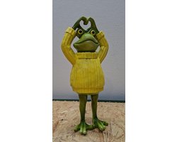 Kikker in Gele Gebreide Trui – Hart Gebaar – Decoratiebeeldje - 28cm hoog - polyresin - polystone - Decoratie - Woonaccessoires - Beeld