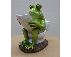 Kikker op het Toilet Beeld - 13cm hoog - polyresin - polystone - Decoratie - Woonaccessoires - Beeld