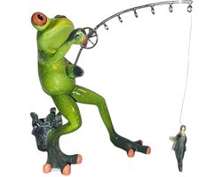 Kikker sculptuur - Visser met beet - Vis binnen halen - 14 cm hoog - Polyresin