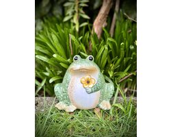 Kikker zittend met bloem groen keramiek 14 cm hoog - frog - keramiek - decoratiefiguur - interieur - accessoire - voor binnen en buiten - cadeau - geschenk - tuinfiguur - tuinbeeldje - tuindecoratie