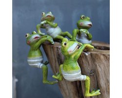 Kikkers Decoratie Set - Tuin Beeldjes - Buiten Decoreren - Hars Materiaal - 4 Stuks - Groen