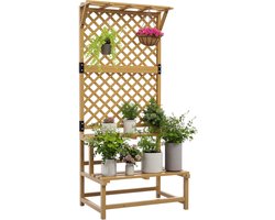 Killogood Plantenstandaard, bloemenrek, 2 niveaus, met latwerk & dak, grenenhout, 75x50x166cm, geel