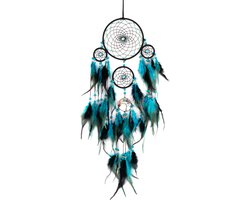 KIMU® Dromenvanger Blauw Zwart - Dreamcatcher Veren Macramé - Bohemian Ibiza Kinderen Boho Babykamer Buiten Kado Meisjeskamer Veertjes Festival