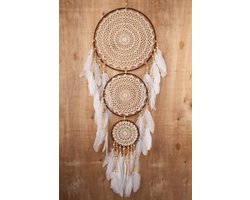 KIMU Dromenvanger Groot Bruin Beige Wit - Dreamcatcher Veren Macramé - Bohemian Ibiza Kinderen Boho Babykamer Buiten Kado Meisjeskamer Veertjes Festival