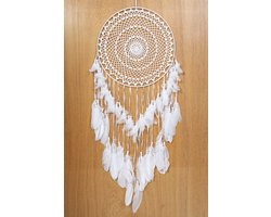 KIMU Dromenvanger Groot Gehaakt Wit - Dreamcatcher Veren Macramé - Bohemian Ibiza Kinderen Boho Babykamer Buiten Kado Meisjeskamer Veertjes Carnaval