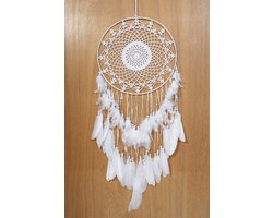 KIMU® Dromenvanger Groot Mandala Wit - Dreamcatcher Veren Macramé - Bohemian Ibiza Kinderen Boho Babykamer Buiten Kado Meisjeskamer Veertjes Festival