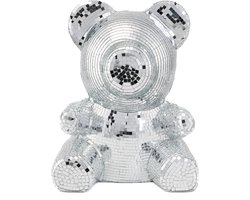 KIMU Teddybeer 31 cm Spiegeltjes Zilver - Beer Discobal Pop Beeld Standbeeld Disco Spiegel - Deco Discobol Spiegelbol Glitter Decoratie Festival