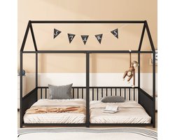 Kindbed 90x200 cm - zonder matras - met leuning - ladder - huisvorm - tweepersoonsbed - zwart