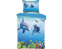 Kinder dekbedovertrek Set Blauw Dolfijnen & vissen 1Persoons- 140x220cm +1 kussensloop 60x70 cm