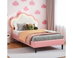 Kinder eenpersoonsbed 90x200cm met ledverlichting, verstelbaar wolkvormig hoofdeinde, voor meisjes, in kunstleer, zonder matras