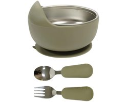 Kinder eetset – RVS uitneembaar bakje met siliconen zuignap bord + lepel & vork – Vaatwasserbestendig – Groen